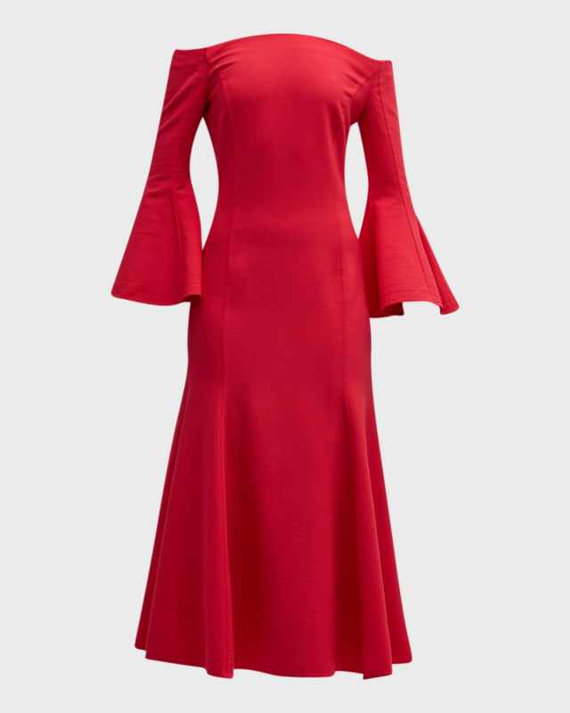 Off-The-Shoulder Flare-Sleeve Stretch Wool Midi Dress